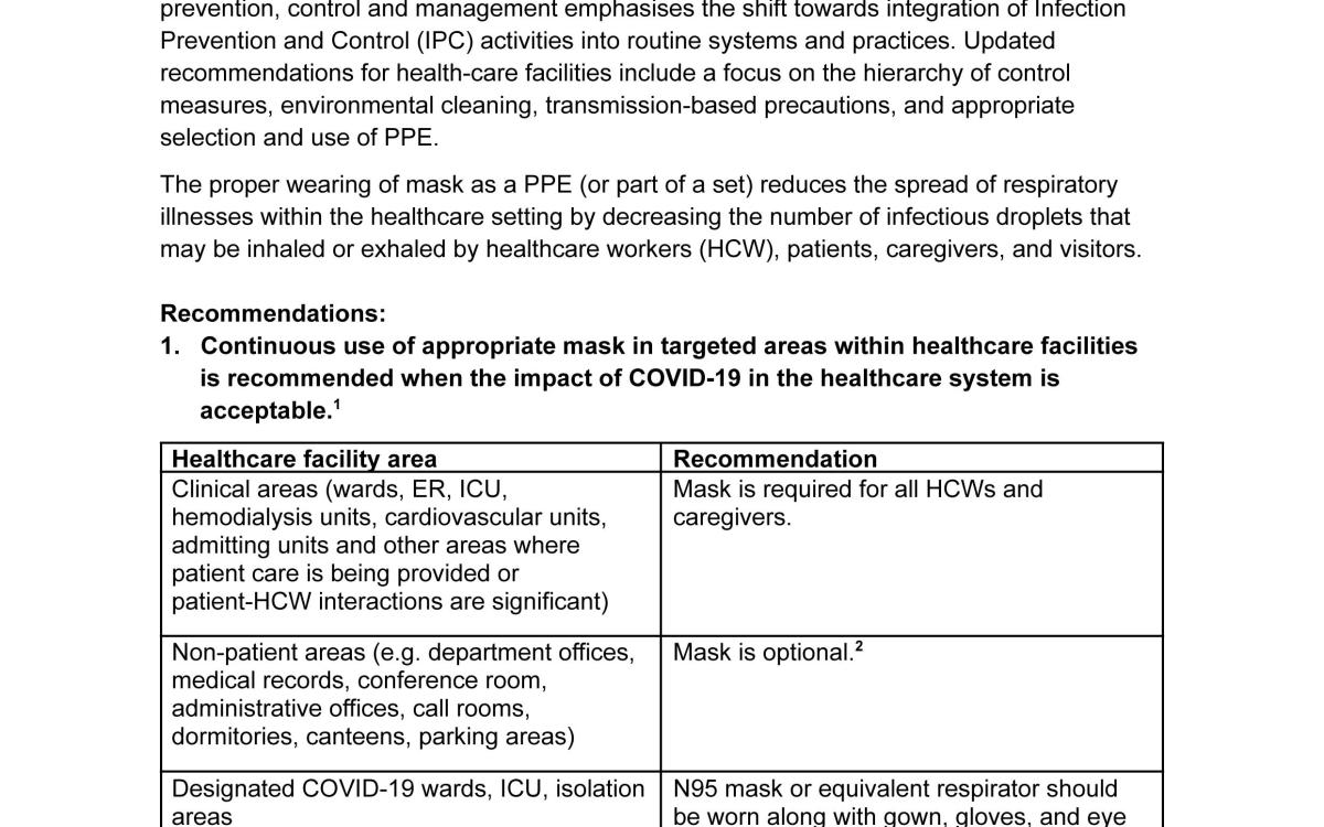 PHICS-PHICNA position statement on the use of masks in healthcare facilities in the post-PHEIC status of the COVID-19 Pandemic